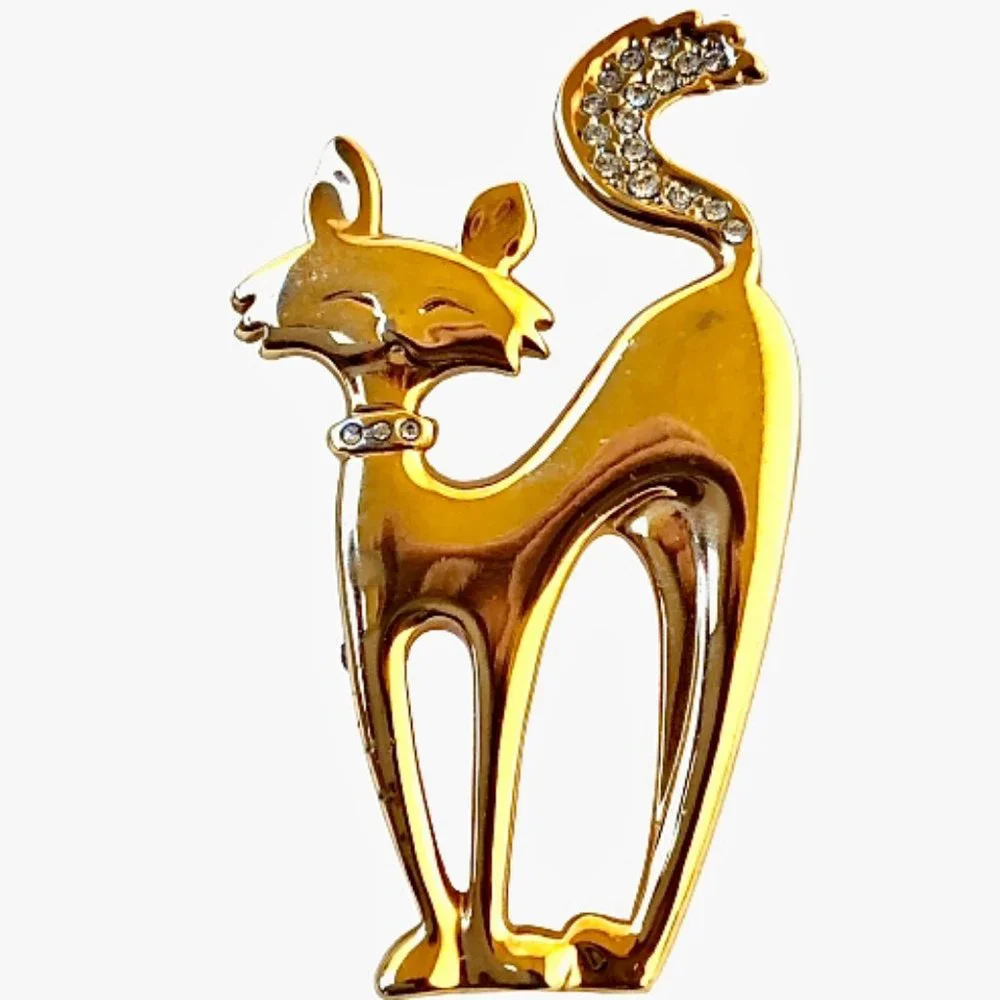 Cat Pin Brooch Mod Sophisticated Kitty Gold Tone & Rhinestone Collar & Tail
